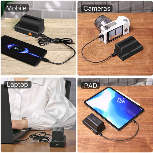 Cargador de baterías multifuncional NPF Ulanzi NP-F01, para una carga rápida de las baterías de la serie Sony NP-F: F550, F570 y F970. Perfecto para fotógrafos y camarógrafos en movimiento.