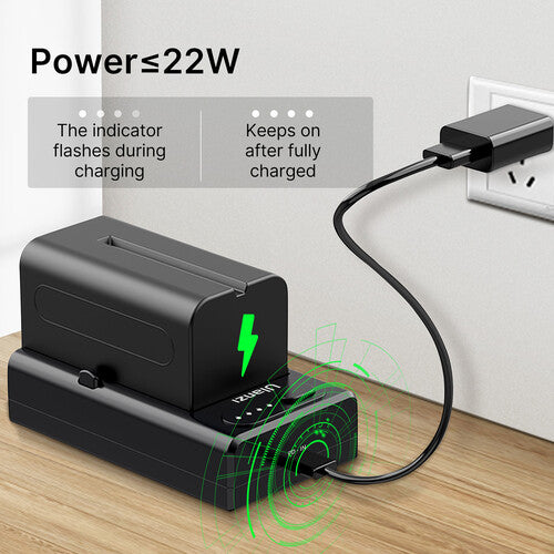 Cargador de baterías multifuncional NPF Ulanzi NP-F01, para una carga rápida de las baterías de la serie Sony NP-F: F550, F570 y F970. Perfecto para fotógrafos y camarógrafos en movimiento.