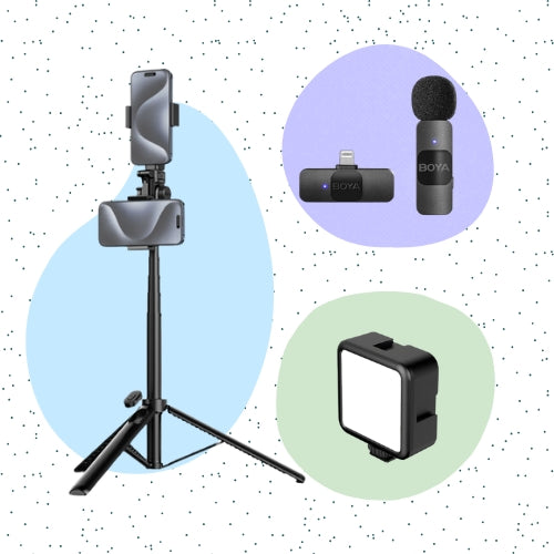 Kit Starter para Creadores | Trípode, Micrófono y Luz RGB (Lightning)