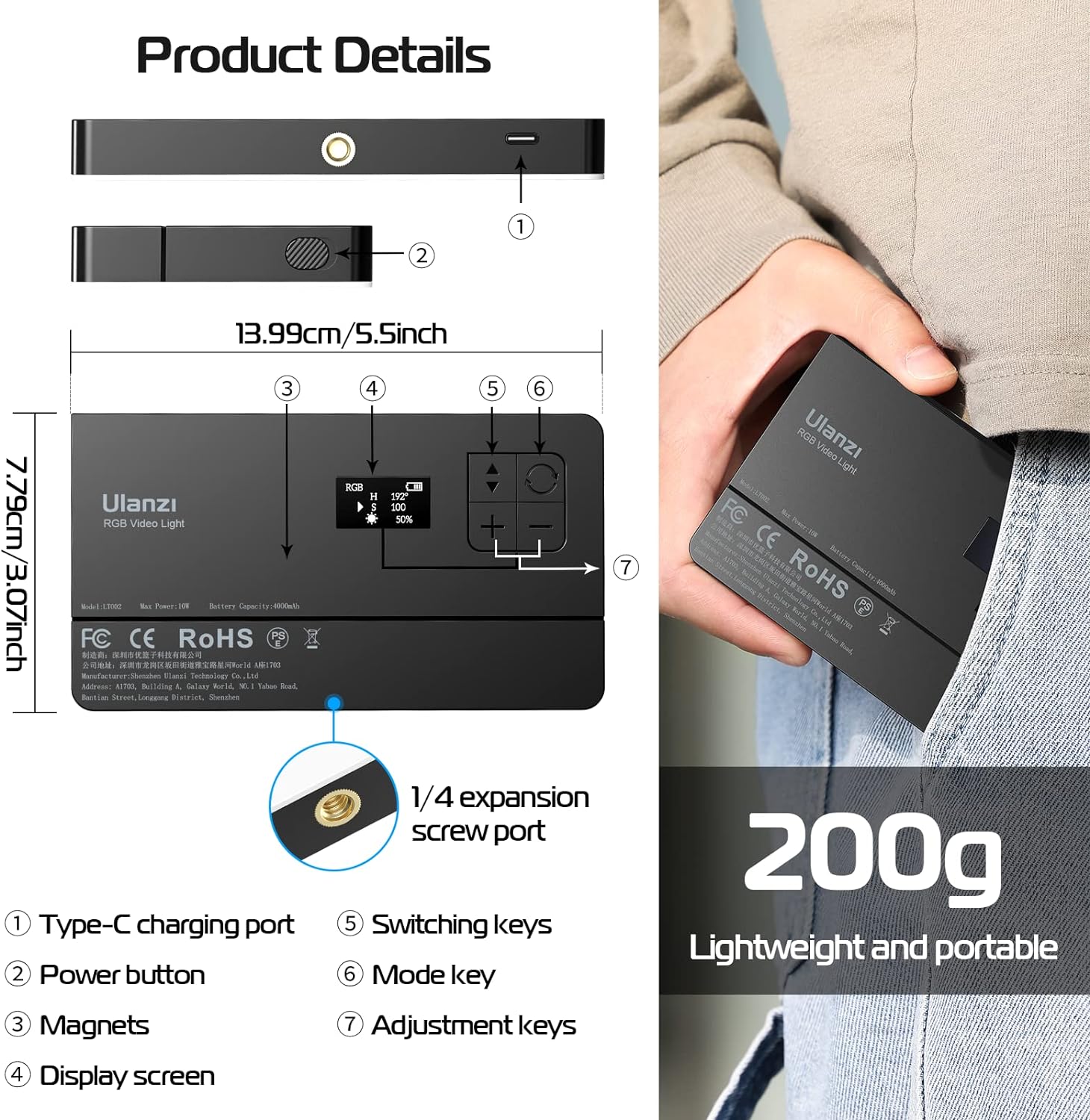 Panel Luz LED 7'' RGB con Difusor y Panal Ulanzi PL-01 LT002