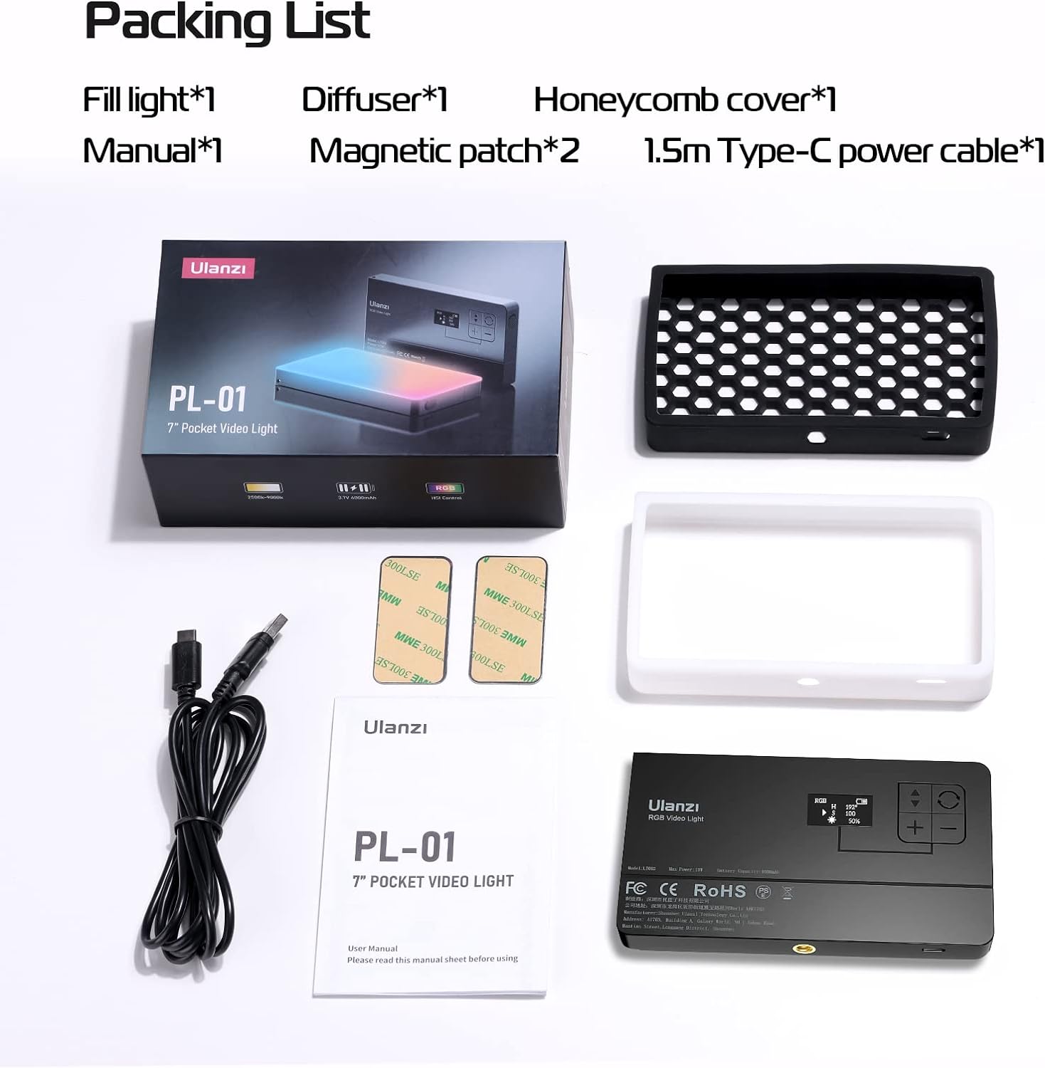 Panel Luz LED 7'' RGB con Difusor y Panal Ulanzi PL-01 LT002