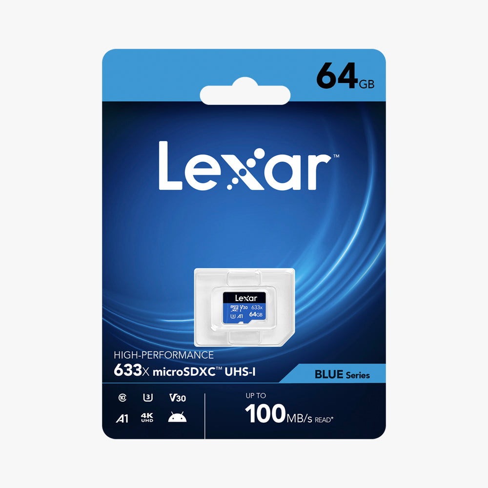 Tarjeta de Memoria Micro SD de 64 GB de almacenamiento para grabar hasta en 4K. Compatible con cámaras deportivas, smartphones y otros dispositivos. Velocidad de lectura de hasta 100 MB/s y velocidad mínima de escritura de 30 MB/s.
