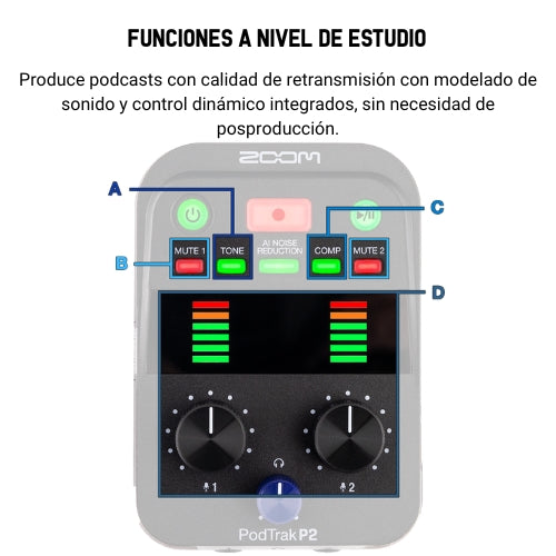 Zoom PodTrak P2 – Grabadora de Podcast Portátil con Doble Entrada USB y Reducción de Ruido Inteligente