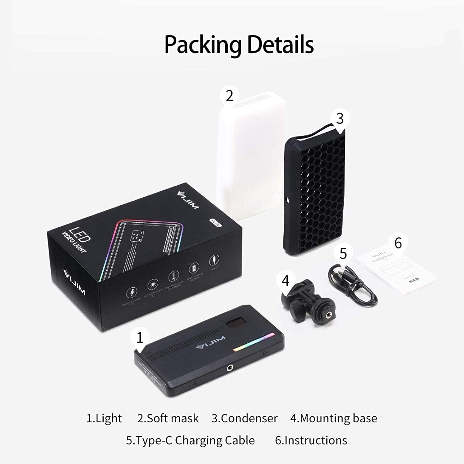 Luz LED RGB Vijim VL196 con Difusor y Panal