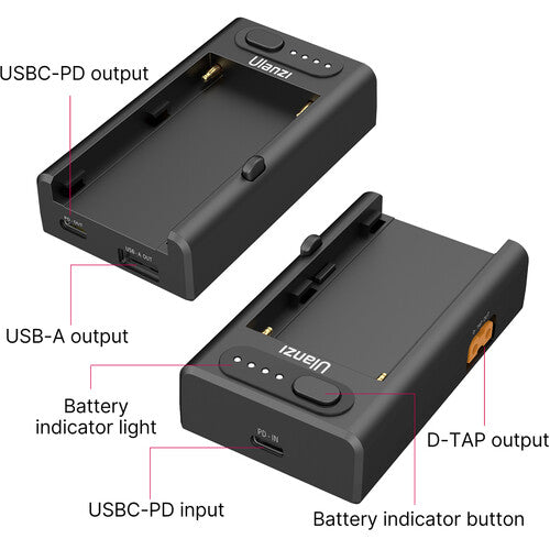 Cargador de baterías multifuncional NPF Ulanzi NP-F01, para una carga rápida de las baterías de la serie Sony NP-F: F550, F570 y F970. Perfecto para fotógrafos y camarógrafos en movimiento.