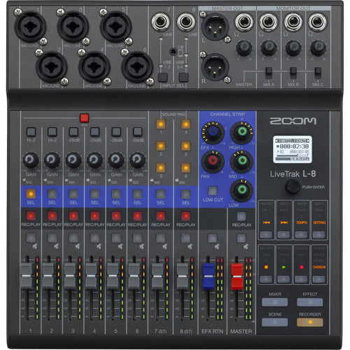 El LiveTrak L-8 de Zoom es un mixer digital de audio y grabador multipista diseñado para podcasts y producciones profesionales. Con 8 canales, el L-8 ofrece una experiencia de grabación versátil. 12 pistas de grabación simultánea, 10 pistas de reproducción, y evita retroalimentación de audio durante llamadas. 6 entradas combo y 2 entradas TS.