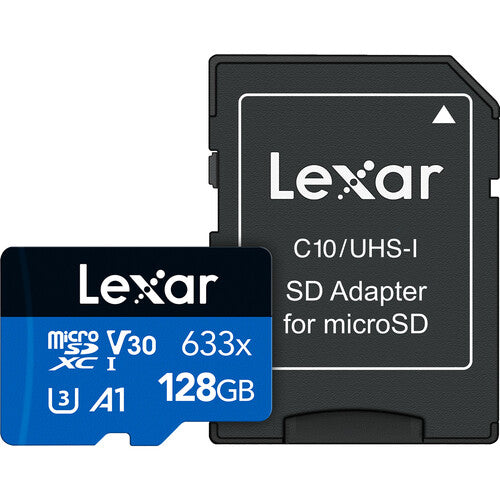 Tarjeta de Memoria Micro SD de 128 GB de almacenamiento para grabar hasta en 4K. Incluye adaptador SD. Compatible con cámaras deportivas, smartphones y otros dispositivos. Velocidad de lectura de hasta 100 MB/s y velocidad mínima de escritura de 30 MB/s. 