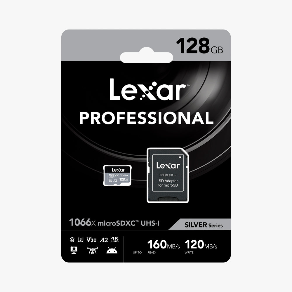 Tarjeta de Memoria MicroSD con adaptador SD de 128 GB de almacenamiento para grabar hasta en 4K. Compatible con cámaras deportivas, smartphones y otros dispositivos. Velocidad de lectura de hasta 160 MB/s y  de escritura de 120 MB/s.  Marca Lexar