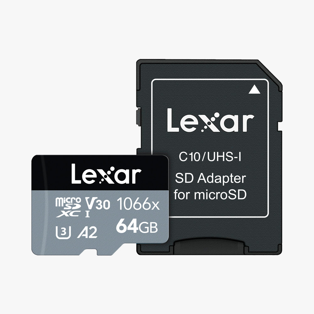 Tarjeta de Memoria MicroSD con adaptador SD de 64 GB de almacenamiento para grabar hasta en 4K. Compatible con cámaras deportivas, smartphones y otros dispositivos. Velocidad de lectura de hasta 160 MB/s y  de escritura de 70 MB/s. Marca Lexar