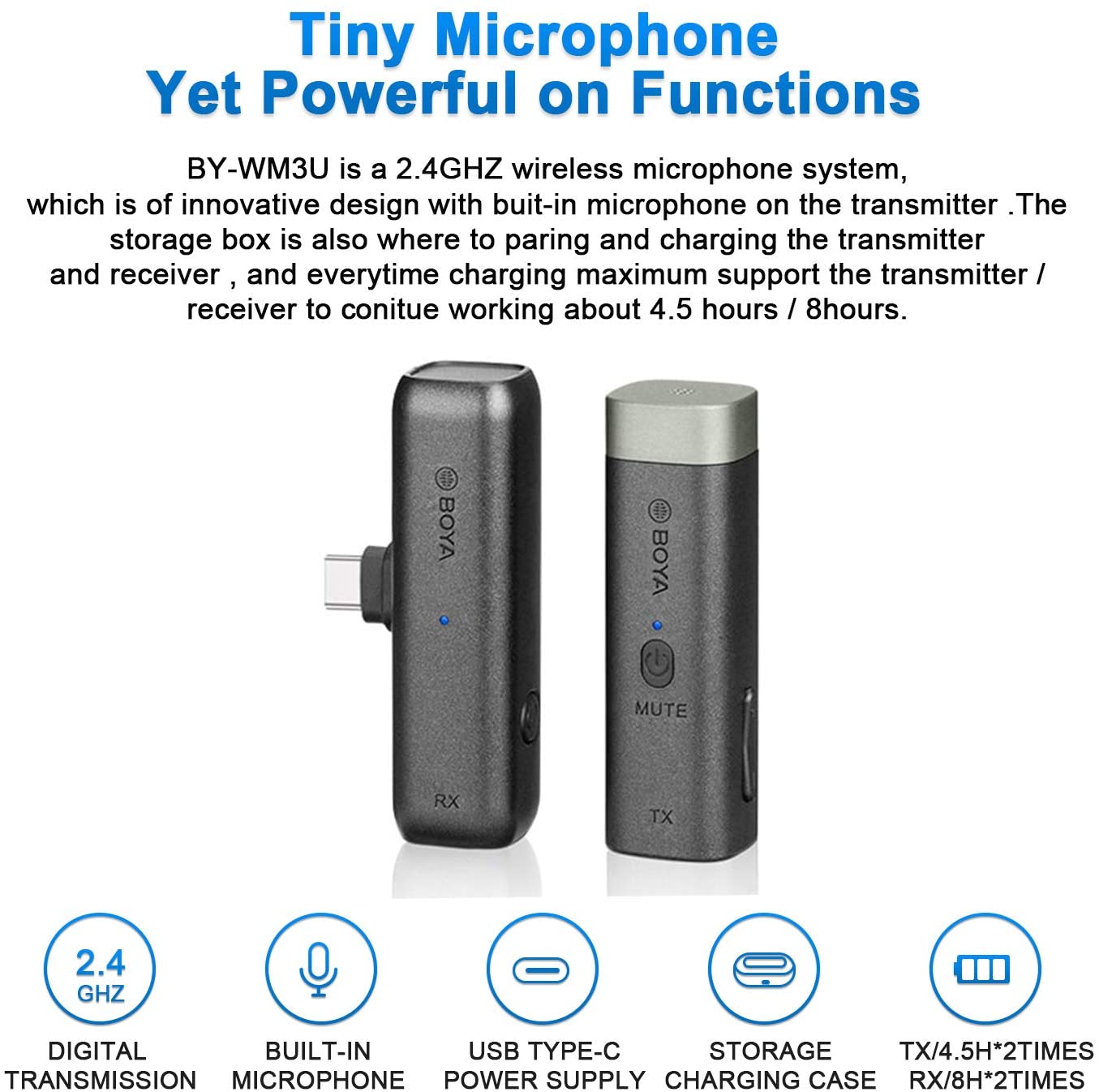 Micrófono Inalámbrico Boya BY-WM3U Para Cámaras, Smartphones y USB-C